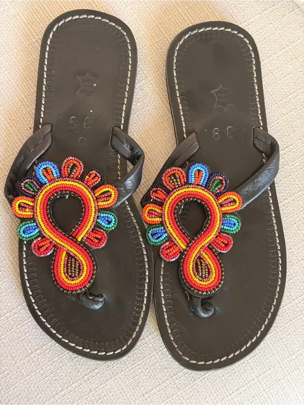 Kenyan Handmade Black Beaded Leather Women's Thong Sandals - Multicolor Accent